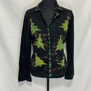 Just B Black Green Christmas Tree Women's button front top. Beaded. Used.